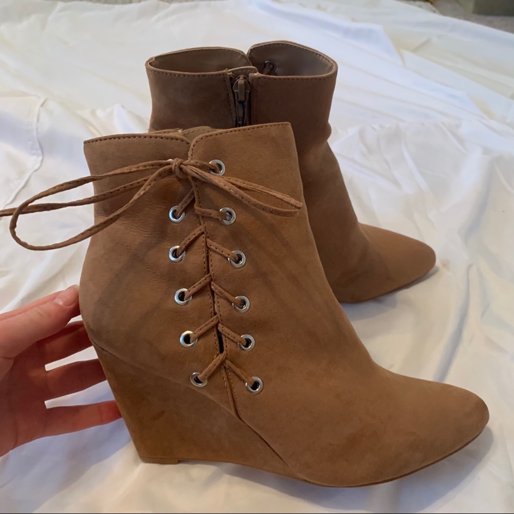 Brown lace up suede booties, Size 10
